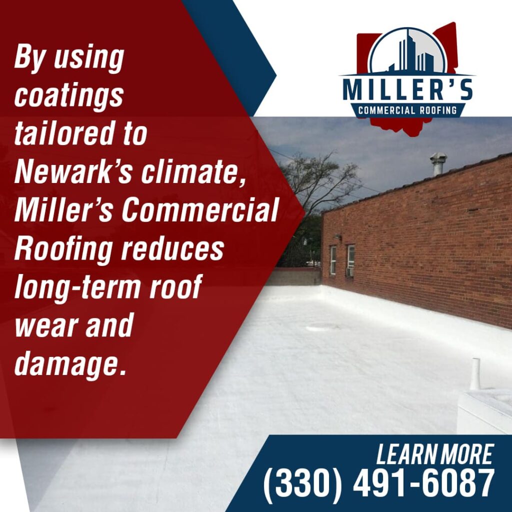 A newly coated, smooth white commercial rooftop extends towards a brick building, with a cloudy sky above.